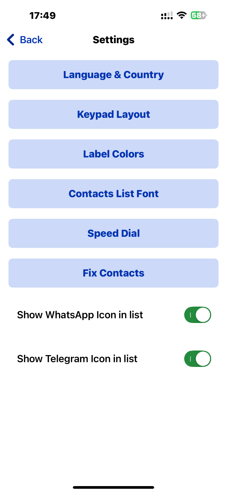 Settings screen showing messaging app integration options